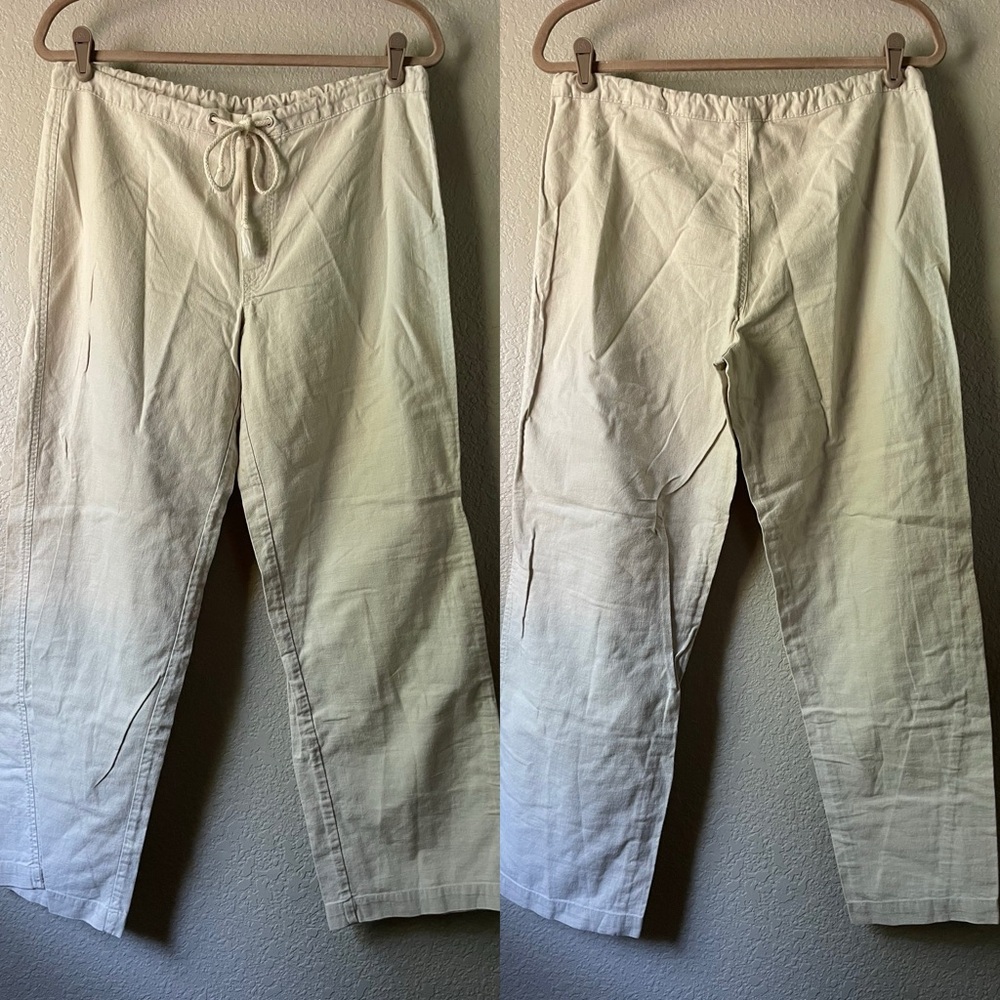Womens Small Natural Beige Linen Cotton Wide Leg Drawstring Pants Lagenlook Boho